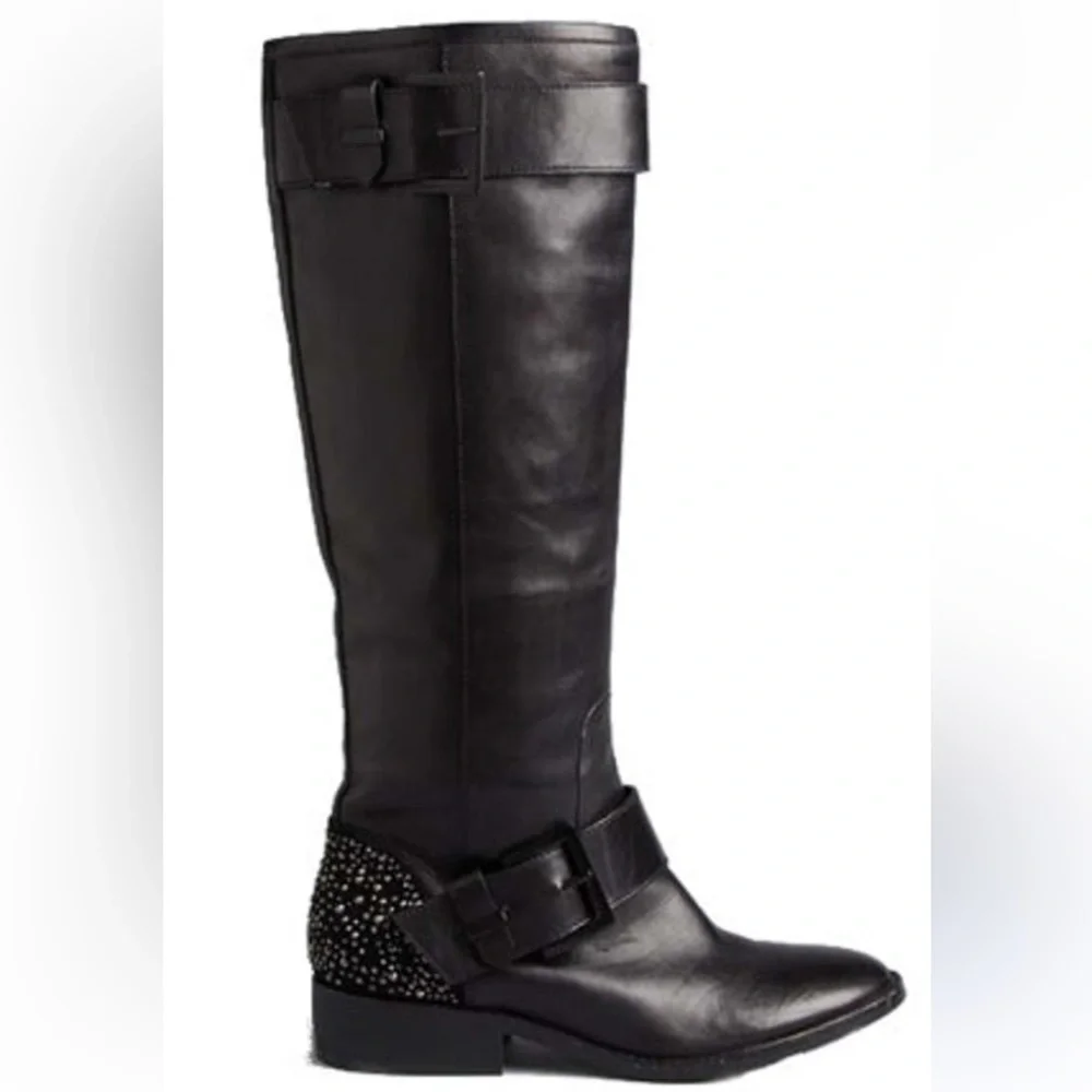 B Brian Atwood Dita Crystal Heel Black Leather Tall Moto Flat Boots
